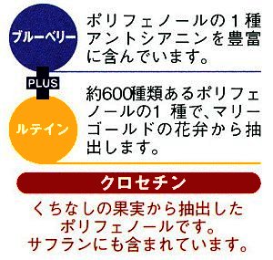 ブルーベリーの近種であるビルベリー果実抽出物に加え、マリーゴールドから抽出されるルテイン及びクチナシより抽出されるクロセチンを配合した栄養補助食品ブルーベリーSSI目に嬉しい3つの成分クロセチン、ルティン、ブルーベリー